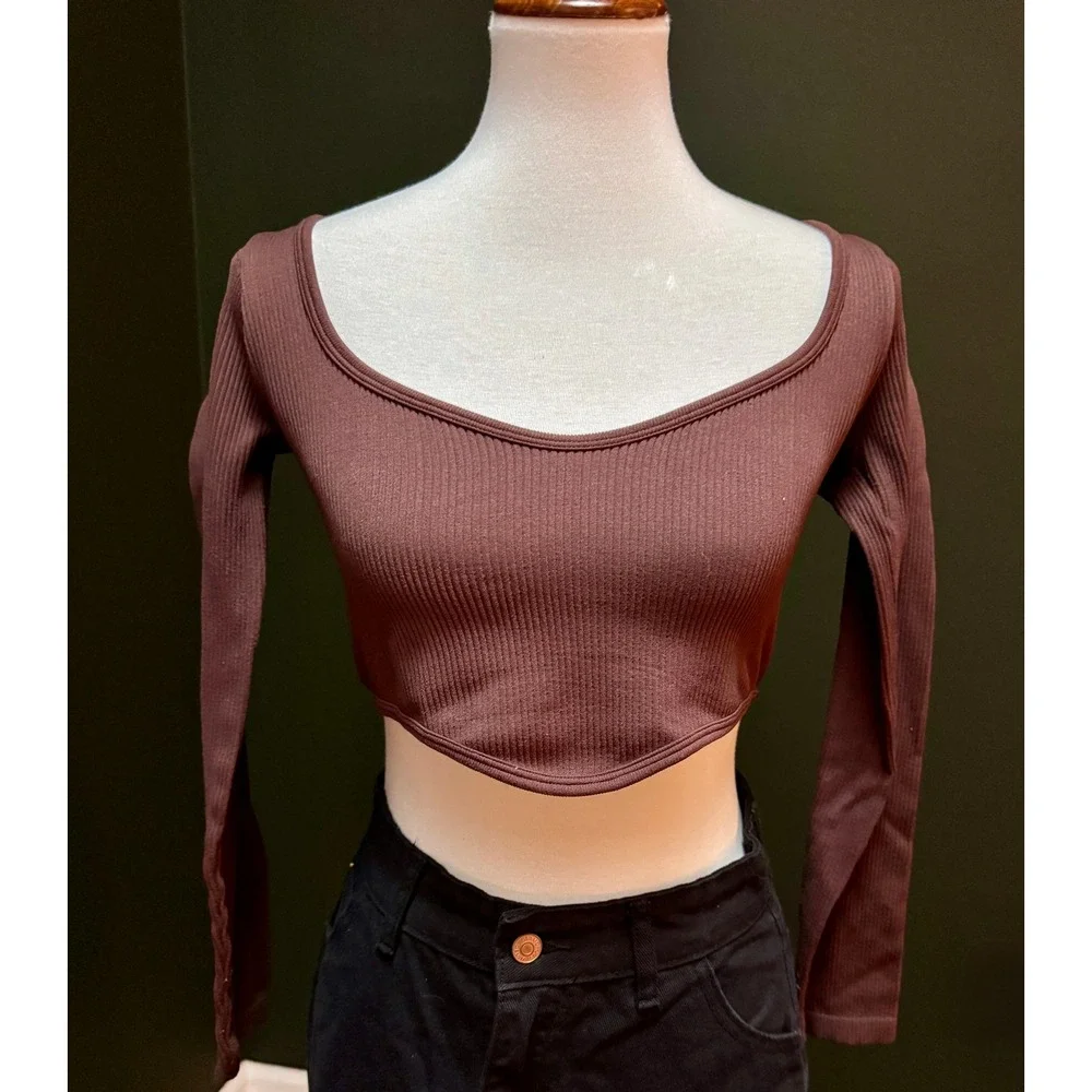 Zara Brown Ribbed Knit Long Sleeve Cropped Top Women's Size M/L